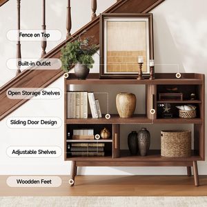 SENYU Modern Solid <b>Wood</b> Side <b>Cabinet</b> with Open Storage & Slatted Sliding Doors Mid-Century Accent <b>Cabinet</b> <b>for</b> <b>Living</b> <b>Room</b> OEM/OD - Product Image 4