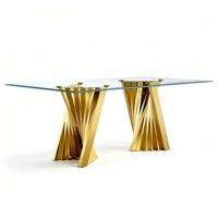 Table à manger rectangulaire moderne avec plateau en verre trempé, base en métal à lattes torsadées dorées, table à manger minimaliste pour la salle à manger à domicile
