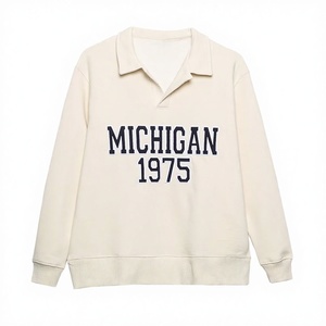 Breathable Autumn Letter Embroidery Long Sleeve Turn Down Collar Beige Color Casual Knitted Fashion Sweatshirt for Women - Product Image 3