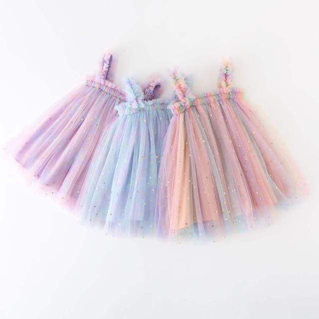 Summer Children's Clothing Sequin Star Rainbow Strap Dress Fashion Girls' Mesh Fluffy Princess Dress