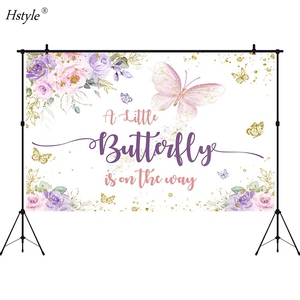 Fondo con forma de mariposa para Baby Shower, telón de 5x3 pies con diseño de mariposa pequeña, color morado y Rosa, con flores doradas florales - Product Image 2