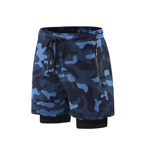 Erkek antrenman kıyafeti Camo desen yaz koşu şort kordonlu ve fermuar cepler ile hızlı kuru 2 in 1 spor salonu egzersiz şortu - Product Image 5