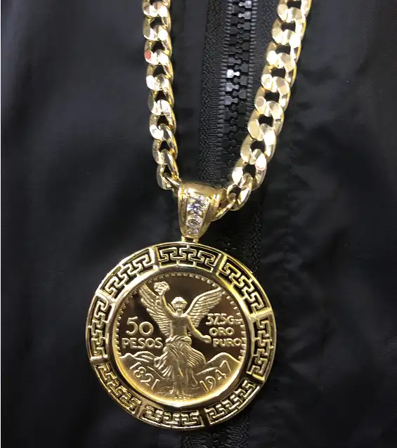 33126 gold pendant designs, 50 Peso Mexican Coin mens pendant, badge necklace pendant
