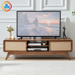 Minimalist Rattan <b>TV</b> Cabinet with Curved Edges & Open Storage, European Style Wood <b>TV</b> Stand for Living Room, Anti-Bump <b>Design</b> - Product Image 1