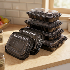 1 2 4 Compartment Disposable PP <b>Plastic</b> <b>Food</b> <b>Container</b> with Lid Black Takeaway Lunch Box Meal Prep <b>Food</b> Storage Box - Product Image 1