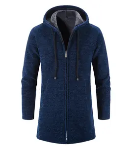 Winter New Fleece Thickened Mid-length Hooded Knit Trench Coat Men's Sweater