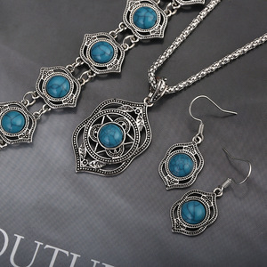 Geometric Alloy Jewelry <b>Set</b> With Turquoise Inlay For Women Fashion Necklace Earrings <b>Bracelet</b> <b>Set</b> - Product Image 1