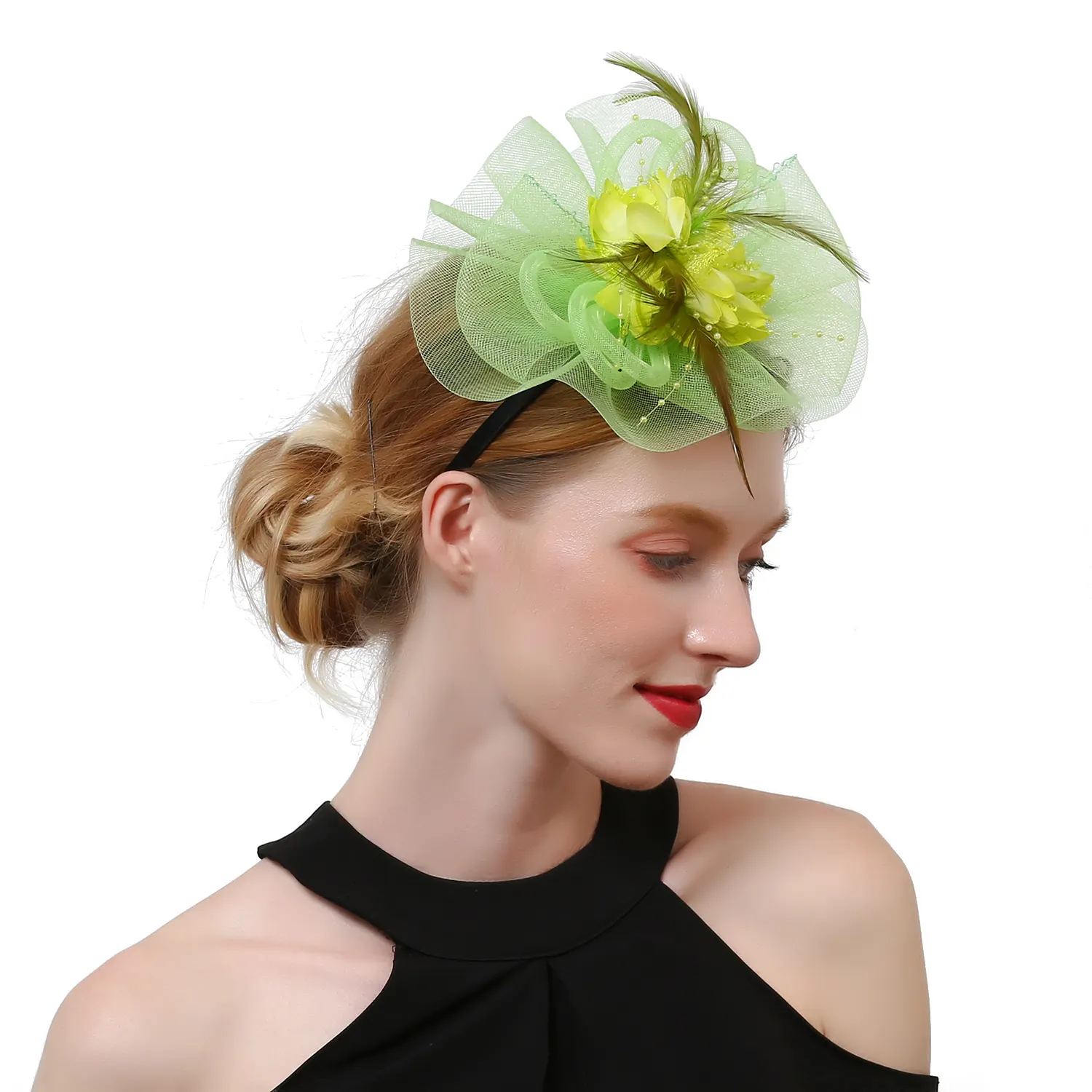 Perfetto elegante maglia elastica Fascinator cristallo strass broccia fiore Fascinator accessori da sposa con fascia per la testa da donna