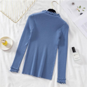 Venta al por mayor Otoño e Invierno Nuevo Slim-Fit Medio cuello alto Suéter Mujer Manga larga con borde de volantes apretado Camiseta de punto - Product Image 2