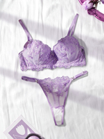 Ensemble de Lingerie Sexy Brodé Soutien-Gorge et String pour Femme, Bonnets 3/4 Push-up, en Maille Transparente, Motif Floral, Bretelles Réglables