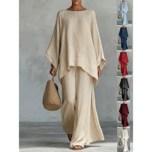 Ensemble 2 pièces en lin à col bateau et manches chauve-souris avec haut oversize à ourlet irrégulier et pantalon large décontracté pour femme - Product Image 1