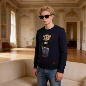<strong>Mens</strong> Stylish US Flag Teddy Bear Knit <strong>Sweater</strong> <strong>Crew</strong> <strong>Neck</strong> Long Sleeve for Casual Outings - Product Image 1