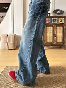 Jeans in denim lavato stile americano con fodera in pile, <span class=keywords><strong>a</strong></span> gamba larga, da donna, invernali, <span class=keywords><strong>a</strong></span> <span class=keywords><strong>vita</strong></span> <span class=keywords><strong>bassa</strong></span>, vestibilità ampia, effetto snellente, affusolati, lunghi fino al pavimento - Product Image 2
