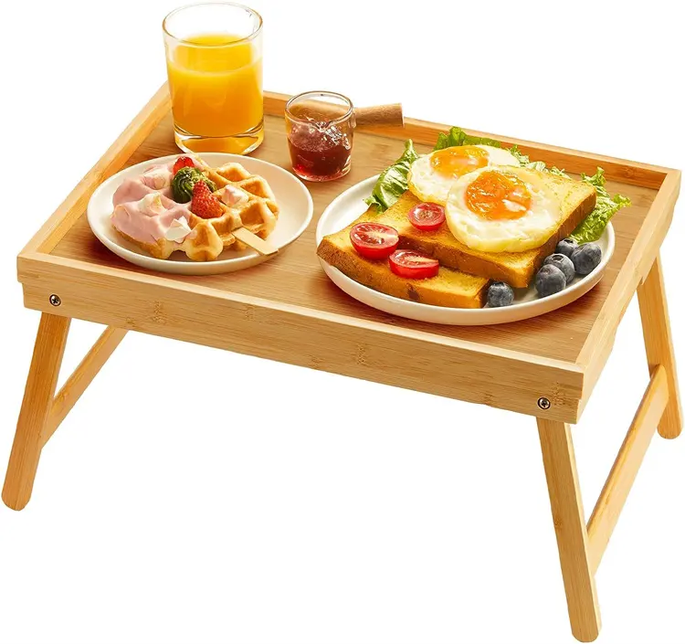 2022 eco-friendly bamboo wood adjustable bed table breakfast tray with foldable legs