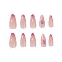 Set Kuku Palsu 3D Floral Press On dengan Ujung Prancis Bergelombang, Motif Marmer Pink Gold, Nude Almond, Dapat Digunakan Kembali, Buatan Tangan, 4367