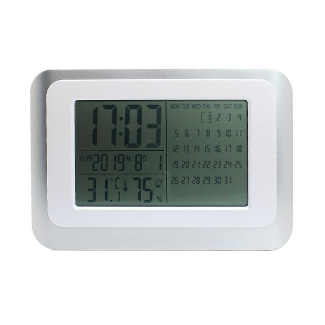 Large LCD Digital Display Alarm Clock Table Wall Mountable with Temperature Humidity Readout Quartz Movement for Living Room Use