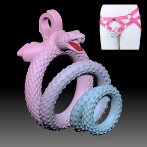 Cage à pénis en résine imprimée en 3D, motif serpent, 4 anneaux et dispositifs de verrouillage invisibles pour hommes, bondage du pénis, rose, sangles réglables - Product Image 1