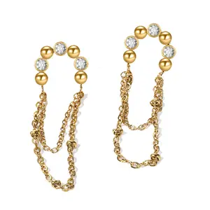 Woying 925 Sterling Silver Earrings A Bar Zircon Tassel Chain Gold Plated Stud Earrings For Women Tassel Earrings