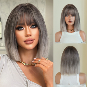 Peluca de Cabello Sintético Liso y <span class=keywords><strong>Corto</strong></span> de 14 Pulgadas para <span class=keywords><strong>Mujer</strong></span>, Color <span class=keywords><strong>Rubio</strong></span> <span class=keywords><strong>Ceniza</strong></span> Degradado, Resistente al Calor, con Flequillo, Largo hasta los Hombros - Product Image 1