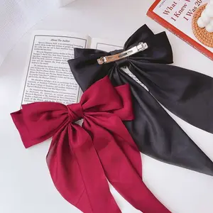 Wholesale Hot Selling Big Bow Spring Hair Clips Plain Color Stain Fabric Long Ribbon Hair Bows Accessories For Women