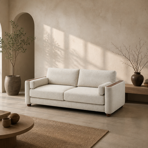 Canapé Boucle à accoudoirs en bloc, pieds en bois, profil bas, assise profonde, deux places, en tissu peluche, moderne, pour salon et appartement - Product Image 1