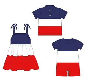 Preorder boutique USA 4th of July solid color kids polo shirt toddler romper summer sling girls dress sibling matches clothing