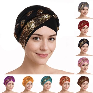 Luxury Soft Polyester Bonnet Elastic Headwear Adults Turban Muslim Lady Sequin Elastic Band Turbans For Ladies Women - Product Image 3