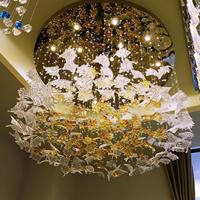 Lustre LED de luxe personnalisé, carré, à hauteur réglable, moderne et créatif, en forme de feuille d'érable, en pierre artistique, pour hall d'hôtel et escalier