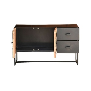 Modern Wooden <b>Sideboard</b> Cabinet with Patchwork Design & Drawers | Industrial <b>Storage</b> Console with Metal Frame - Product Image 4
