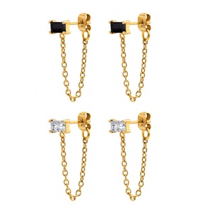 Boucles d'oreilles pendantes en acier inoxydable de style européen et américain avec un design en forme de cœur et des zircons géométriques plaqués or, finition blanche/noire - Product Image 5