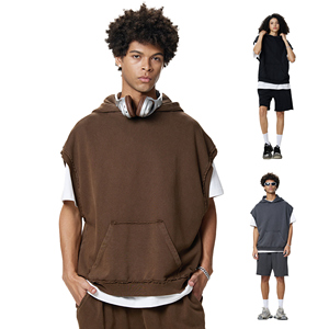 350GSM Washed <b>Men's</b> <b>Vest</b> Oversized Boxy Hooded Streetwear - Product Image 3