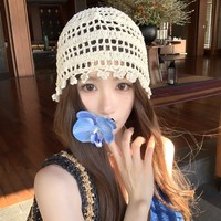 Chapeau ajustable en jacquard ajouré tissé à la main pour femme, style ethnique, idéal pour les voyages et les photos, casquette vintage en crochet tricoté avec bouton