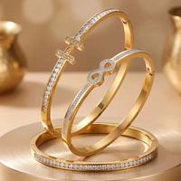 Gelang Baja Anti Karat Berlapis Emas 18K/Rose Gold dengan Kristal Rhinestone Oktagonal Berlapis Intan untuk Unisex, Trendi, Hadiah Ulang Tahun