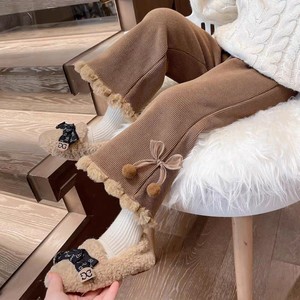 Girls' Fleece-Lined Corduroy Pants Brown Thickened Long With Pom Poms Winter Warm Children's Pants - Product Image 1