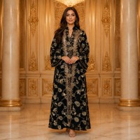 Gaun Kaftan Bordir Payet V-Neck Lengan Panjang Maxi Pinggang Sedang Gaun Pertunangan Muslim Bahan Sifon Gaun Pesta Sederhana untuk Wanita