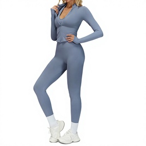 Conjunto de Yoga para Mujer, Top Corto Gris sin Costuras, Leggings de Cintura Alta, Chaqueta de Manga Larga - Product Image 3