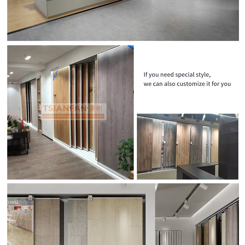 Tsianfan custom push pull wood compounds floorboards laminated timber floor sample material wooden floor display rack