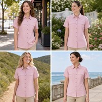 Chemise de pêche pour femme rose clair à manches courtes en ripstop ventilée avec aérations sous les bras en maille, doubles poches poitrine, haut boutonné pour l'extérieur