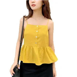 Yellow Baby Doll Sleeveless With Buttons Women Tops Blouse Cotton Fabric Spaghetti Strap Made In Vietnam