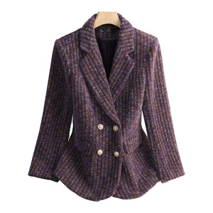 Womens Wool Blazer Autumn Winter 2025 Slim Fit Striped Double Button High End Business Suit With Pocket Cream Purple Color - Product Image 5