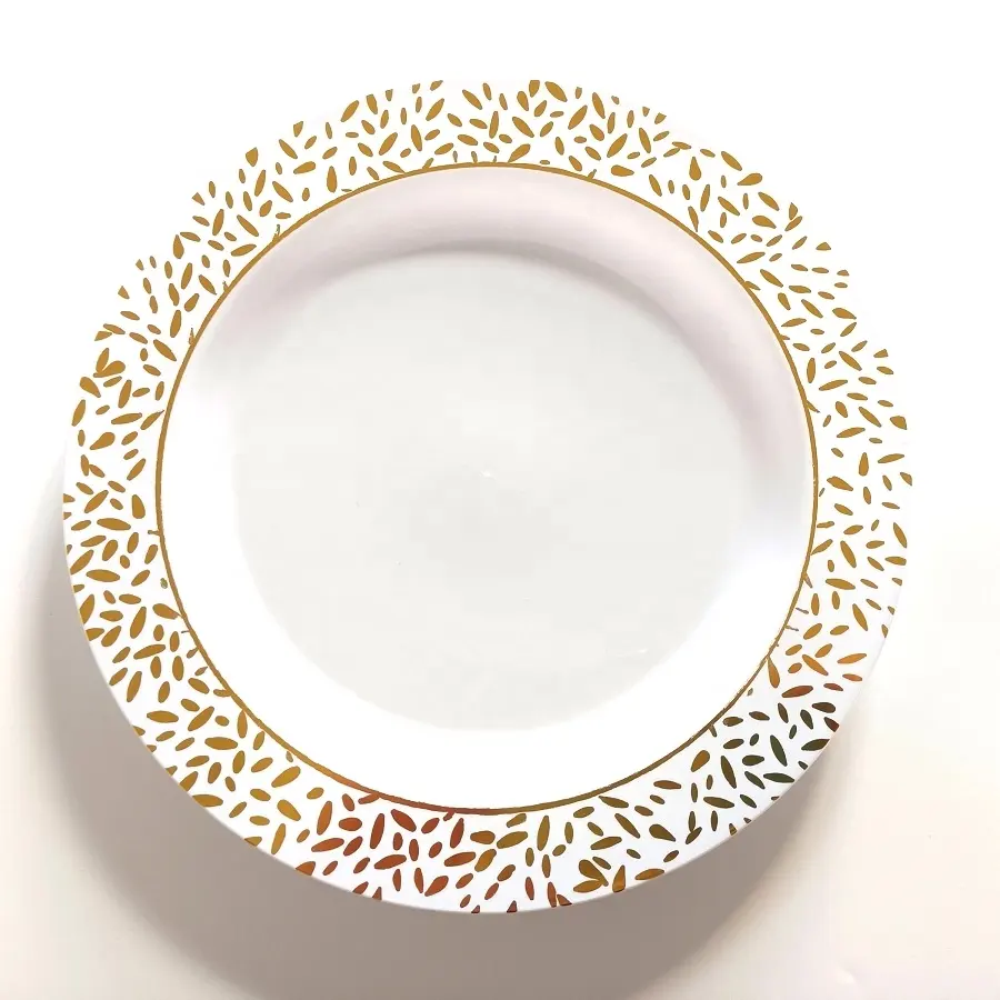 الأبيض أواني بلاستيكية وردة ذهبية الذهب الدانتيل حافة الزفاف أدوات المائدة