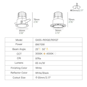 XRZLux Recesso COB LED Downlight 10 W Alumínio Anti-reflexo Downlight LED Fixado Refletor de teto redondo para iluminação de casa e hotel