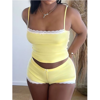 Op maat gemaakt logo sexy 2-delig kant halter top en shorts set, hoogwaardige tweedelige loungewear set dameskleding