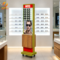 Présentoir mobile en bois pour lunettes de soleil avec roulettes, support autoportant pour lunettes avec personnalisation de poster et logo