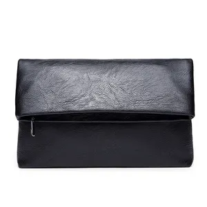 Factory Wholesale Top Quality Custom Brand Print Black Real Leather Men's Clutch Bag