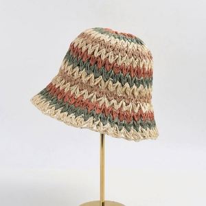 Wholesale Daily Travel Beach Rainbow Striped Hand-hooked Paper <b>Straw</b> Summer Fashion Sunshade Sun Hand Knitted Bucket <b>Hat</b> - Product Image 1