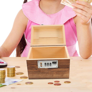 Caja de madera maciza para monedas, 16x13x12cm, caja de almacenamiento con cerradura de combinación para niños, para ahorrar dinero - Product Image 2