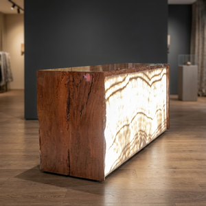Mostrador de Recepción de Madera Maciza de Lujo Klengkeng con Frente de Piedra Retroiluminado, Mesa con Luz LED, Muebles Comerciales para Vestíbulo de Oficina - Product Image 4