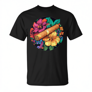 T-shirt Tropical Floral Cigar Hibiscus noir à col rond, taille adulte unisexe - Product Image 2