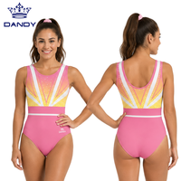 Maillot de Gimnasia Sin Mangas con Degradado Amarillo Brillante y Rosa, Adorno en V con Pedrería Negra en la Parte Inferior, Elástico, para Competición